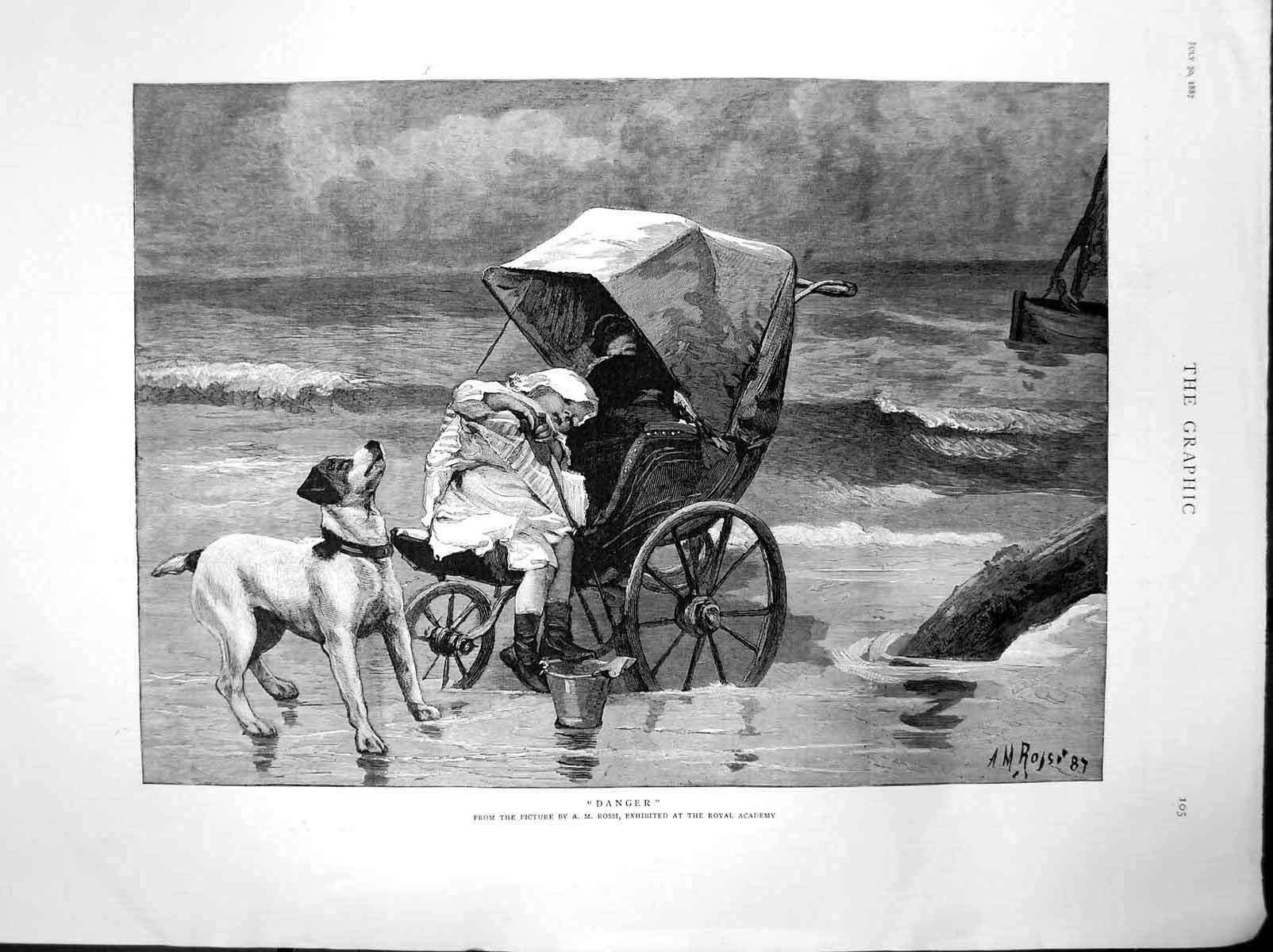 Old Print Danger A M Rossi Royal Academy Children Pram Dog Edge Sea 1887 19th