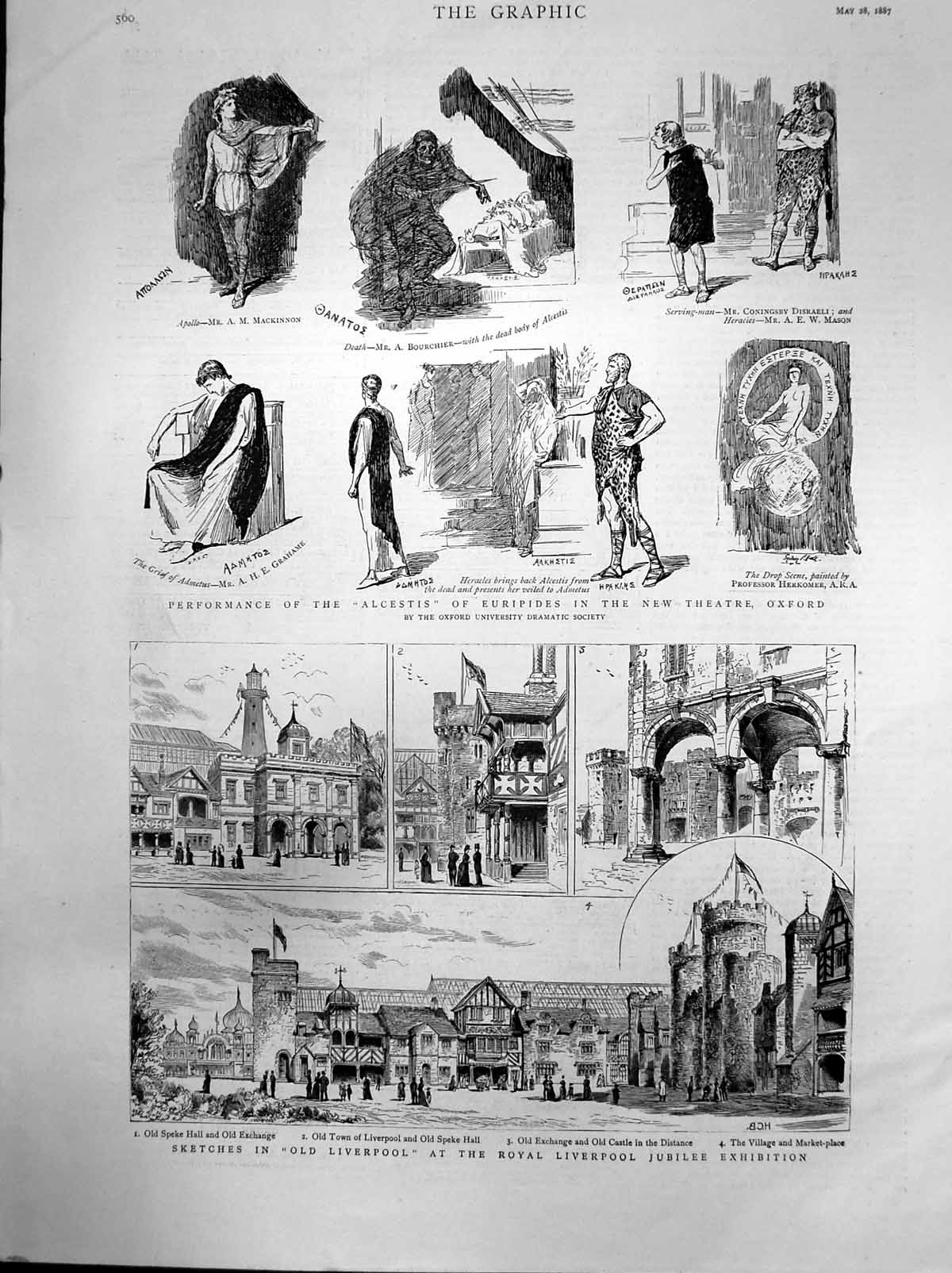 Antique Old Print Sketches Liverpool Alcestis Euripides Theatre Oxford 1887
