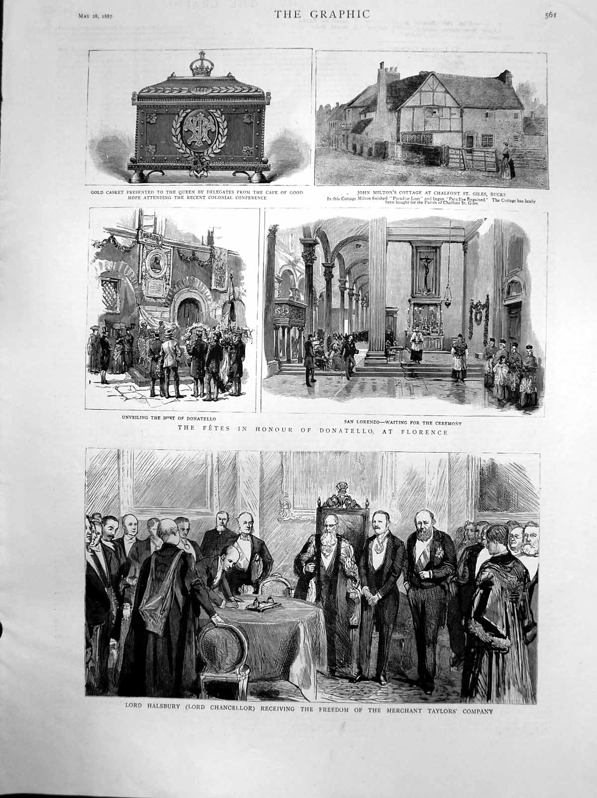 Original Old Antique Print Fetes Honour Donatello Florence Lord Halsbury 1887