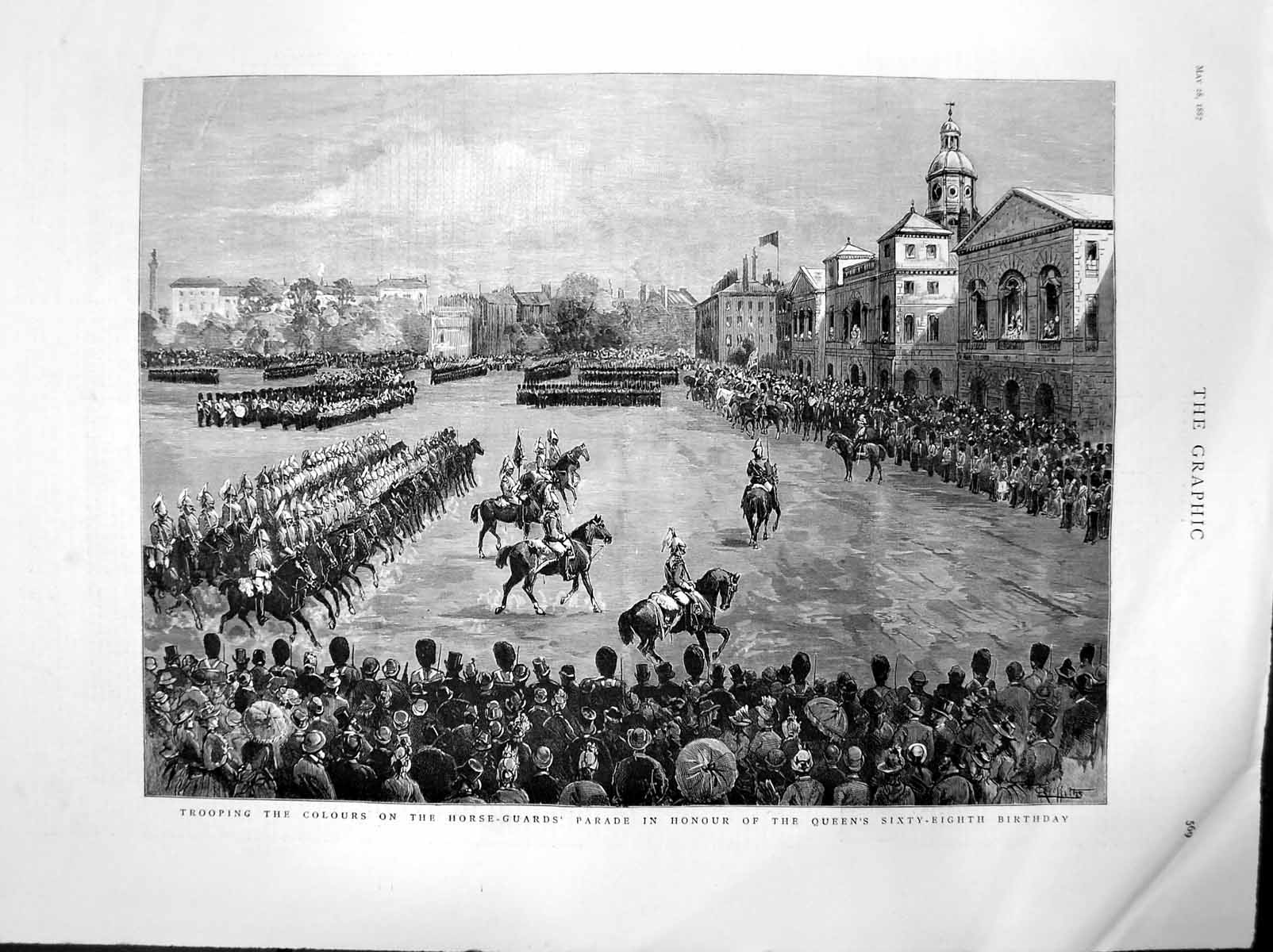 Antique Print Trooping Colours Horse-Guards Parade Queen 68Thbirthday 1887