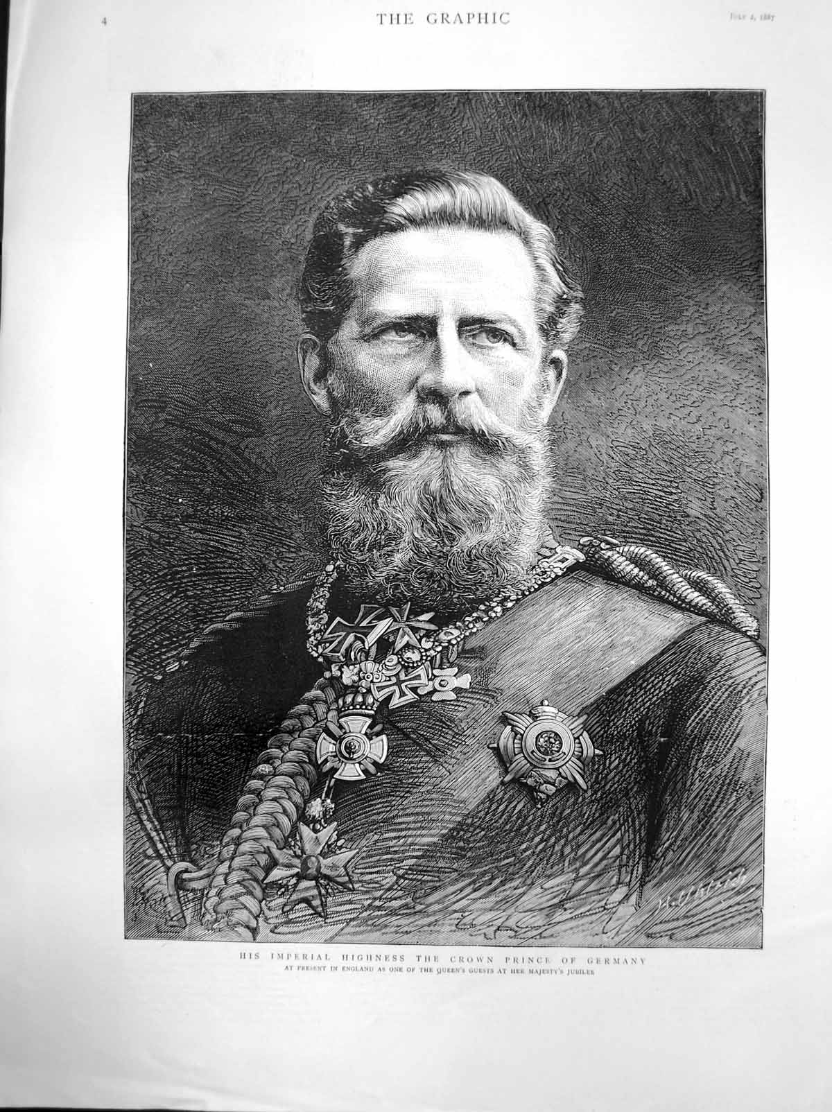 Original Old Antique Print His Imperial Highness Crown Prince Germany 1887 19th