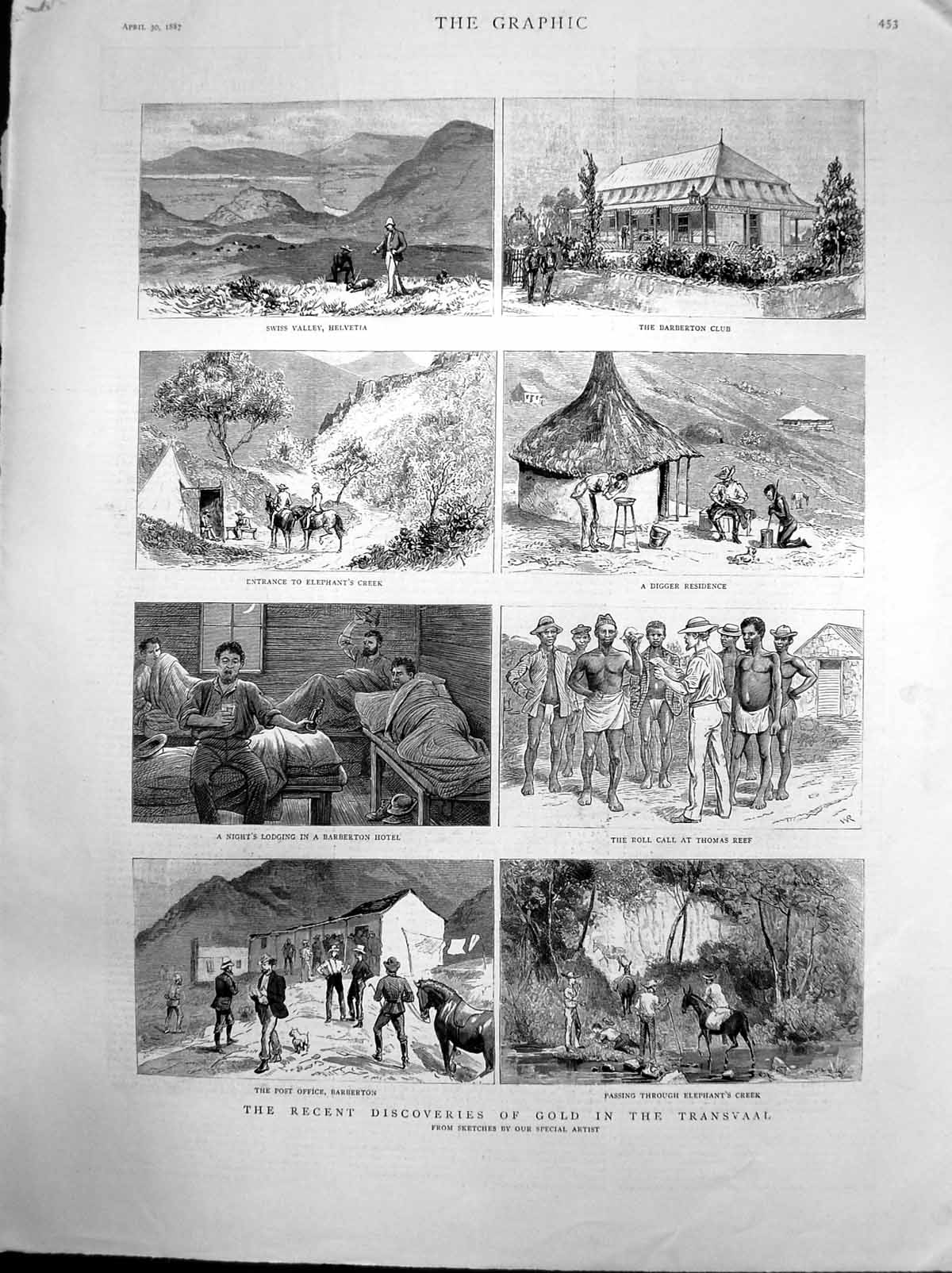 Old Antique Print Discoveries GTransvaal Barberton Elephants Creek 1887 19th