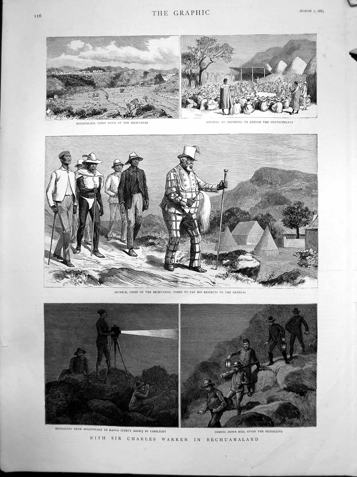 Antique Print Sir Charles Warren Bechunaland Sechele Chief Molopolole 1885 19th