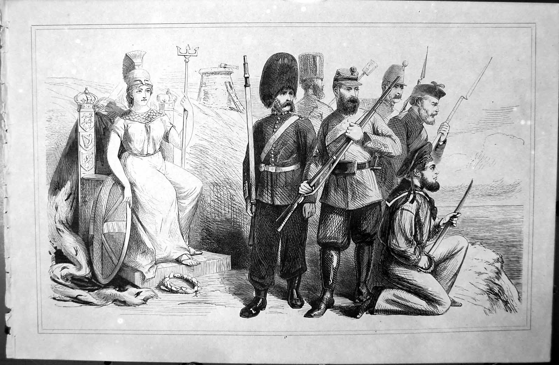 Original Old Antique Print Britannia Surveying Troops Swords Rifles C1880 19th