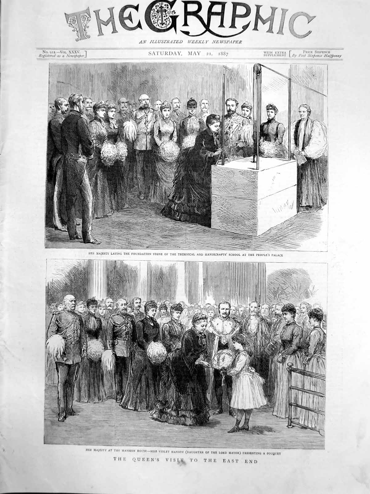 Antique Print Queens Visit East End Foundation Stone Technical School 1887 19th