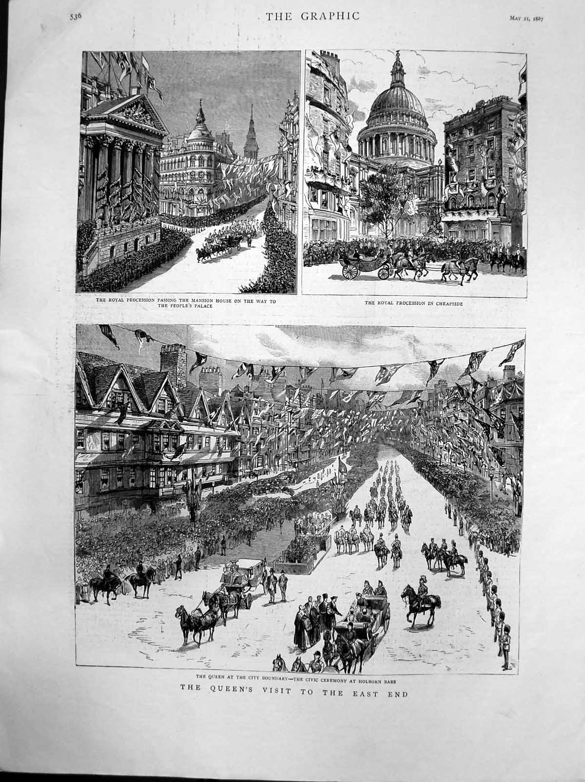 Antique Print Queen East End Mansion House Peoples Palace Holborn Bars 1887