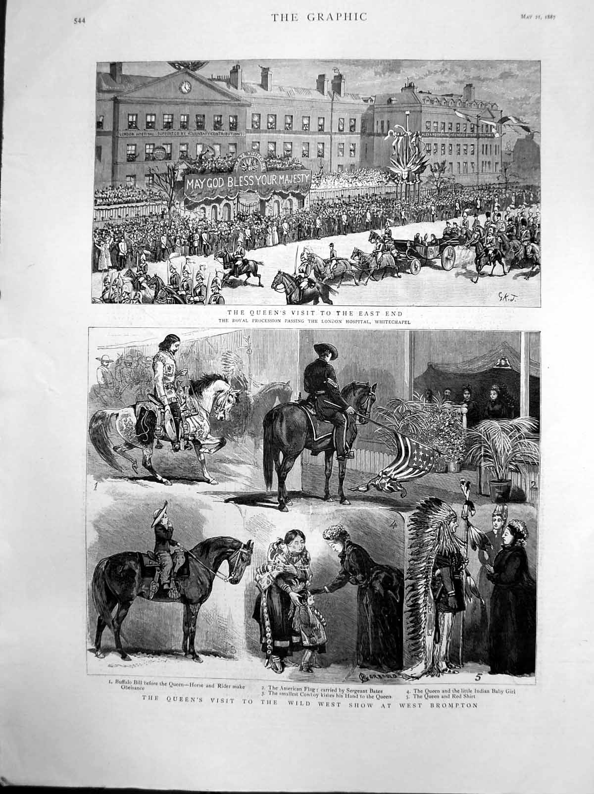 Old Antique Print Queens Visit Wild West Show West Brompton East End 1887 19th