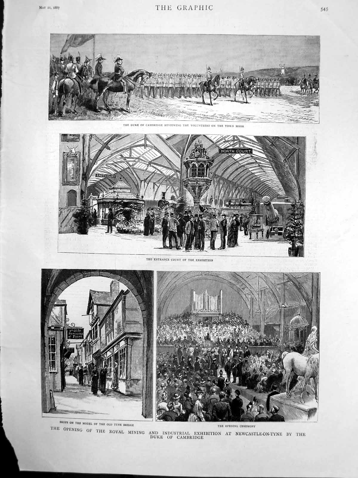Old Antique Print Opening Mining Exhibition Newcastle Duke Cambridge 1887 19th