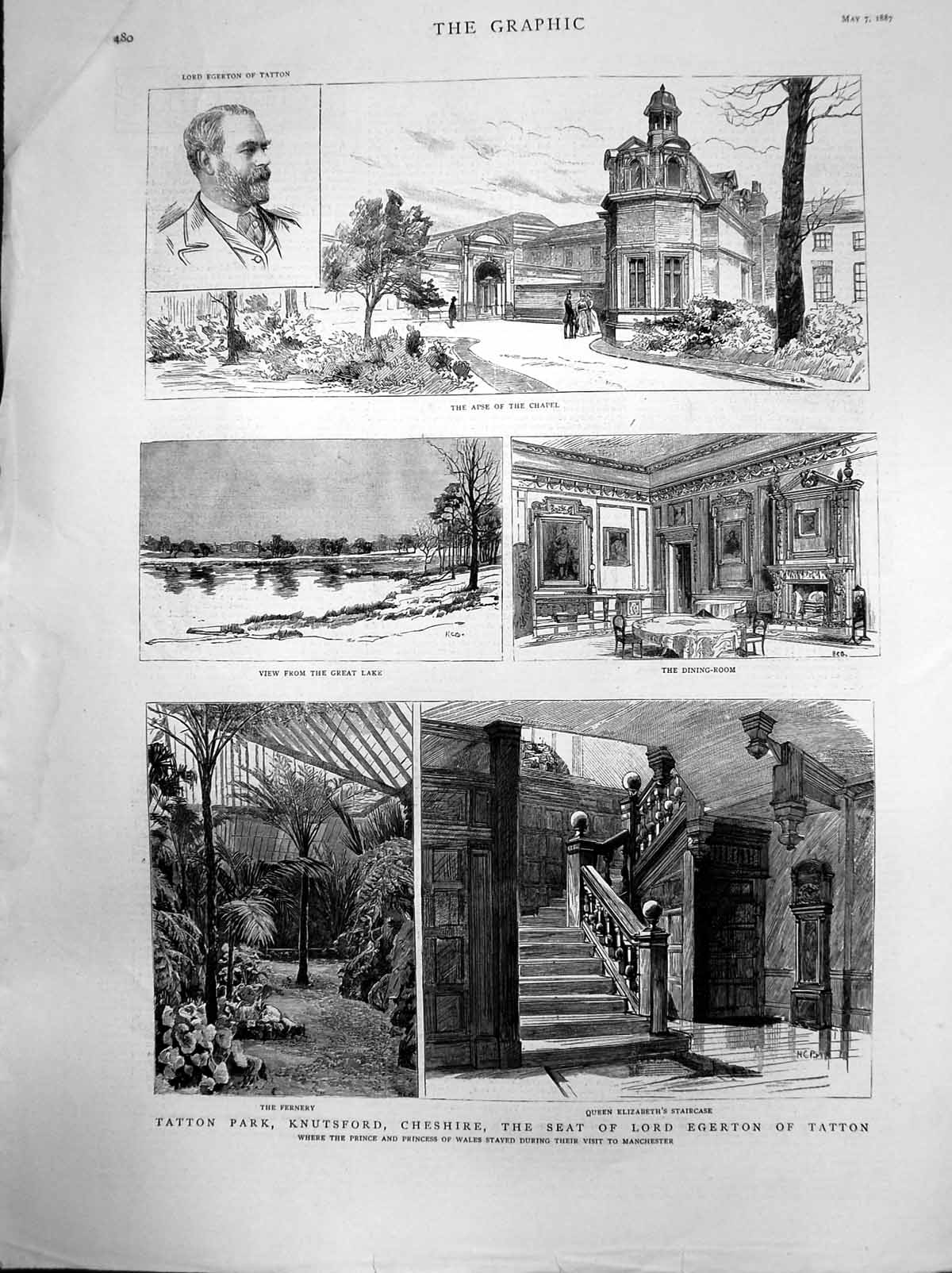 Old Antique Print Tatton Park Knutsford Cheshire Seat Lord Egerton 1887 19th