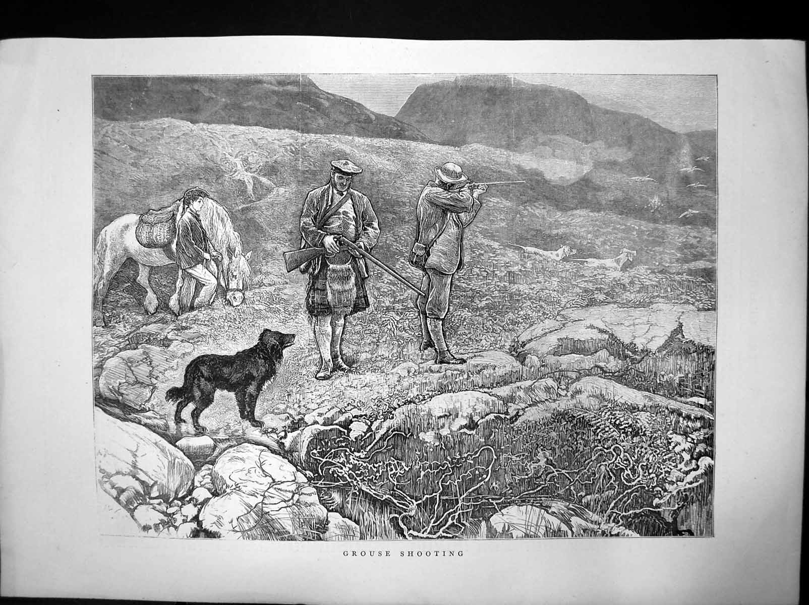 Original Old Antique Print Grouse Shooting Moors Men Kilt Dog Rifle Pony 1870
