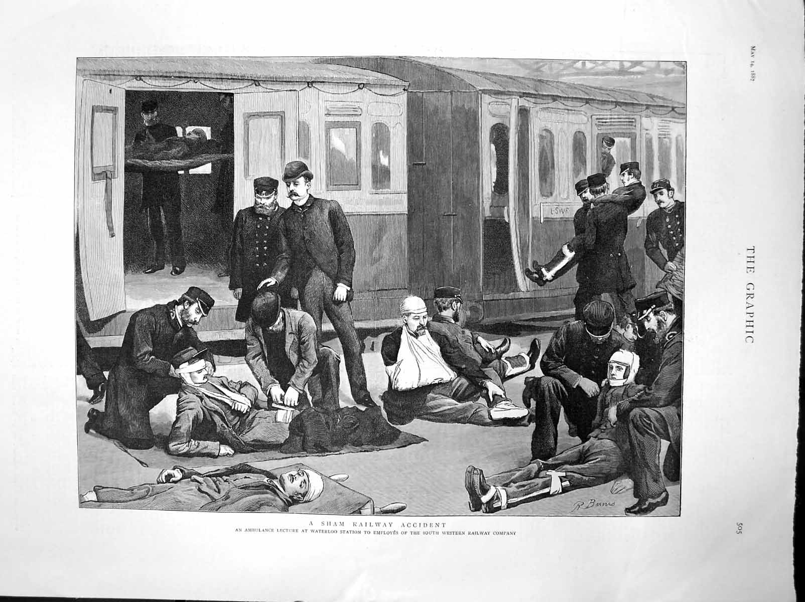 Antique Print Sham Railway Accident Ambulance Lecture Waterloo Station1887 19th