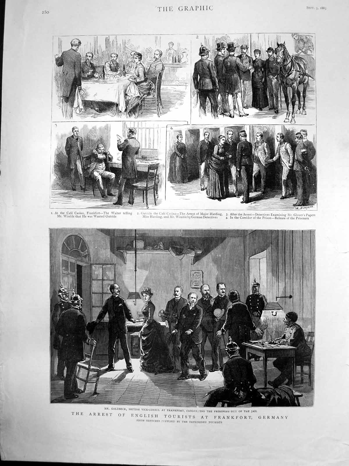 Original Old Antique Print Arrest English Tourists Frankfort Germany Gbeck 1885