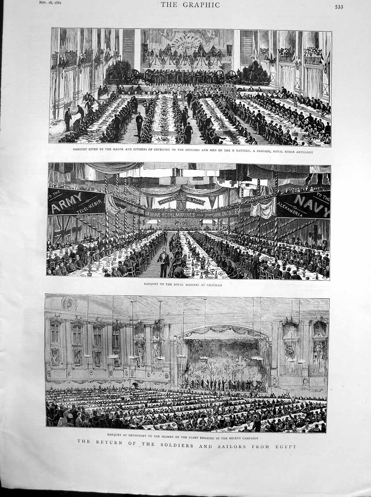 Antique Old Print Return Siers Sailorsegypt Banquet Coventry Devonport1882 19th