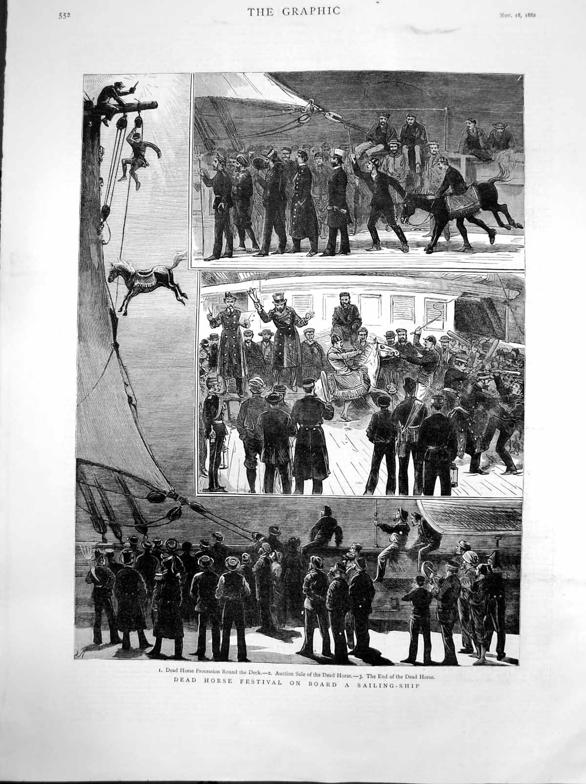 Antique Old Print Dead Horse Festival On Board Sailing Ship Auction Sale 1882