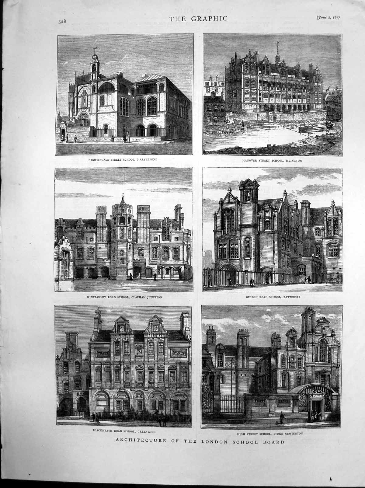 Antique Old Print Architecture London School Board Gideon Road Battersea 1877