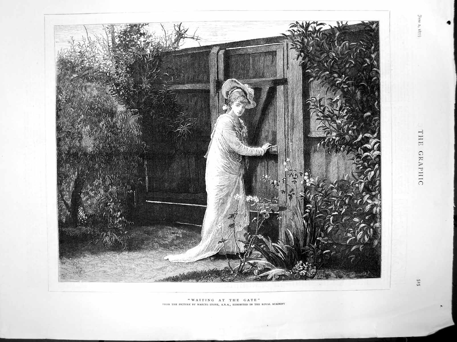 Antique Old Print Waiting At Gate Marcus Stone Lady Large Garden Gate 1877 19th