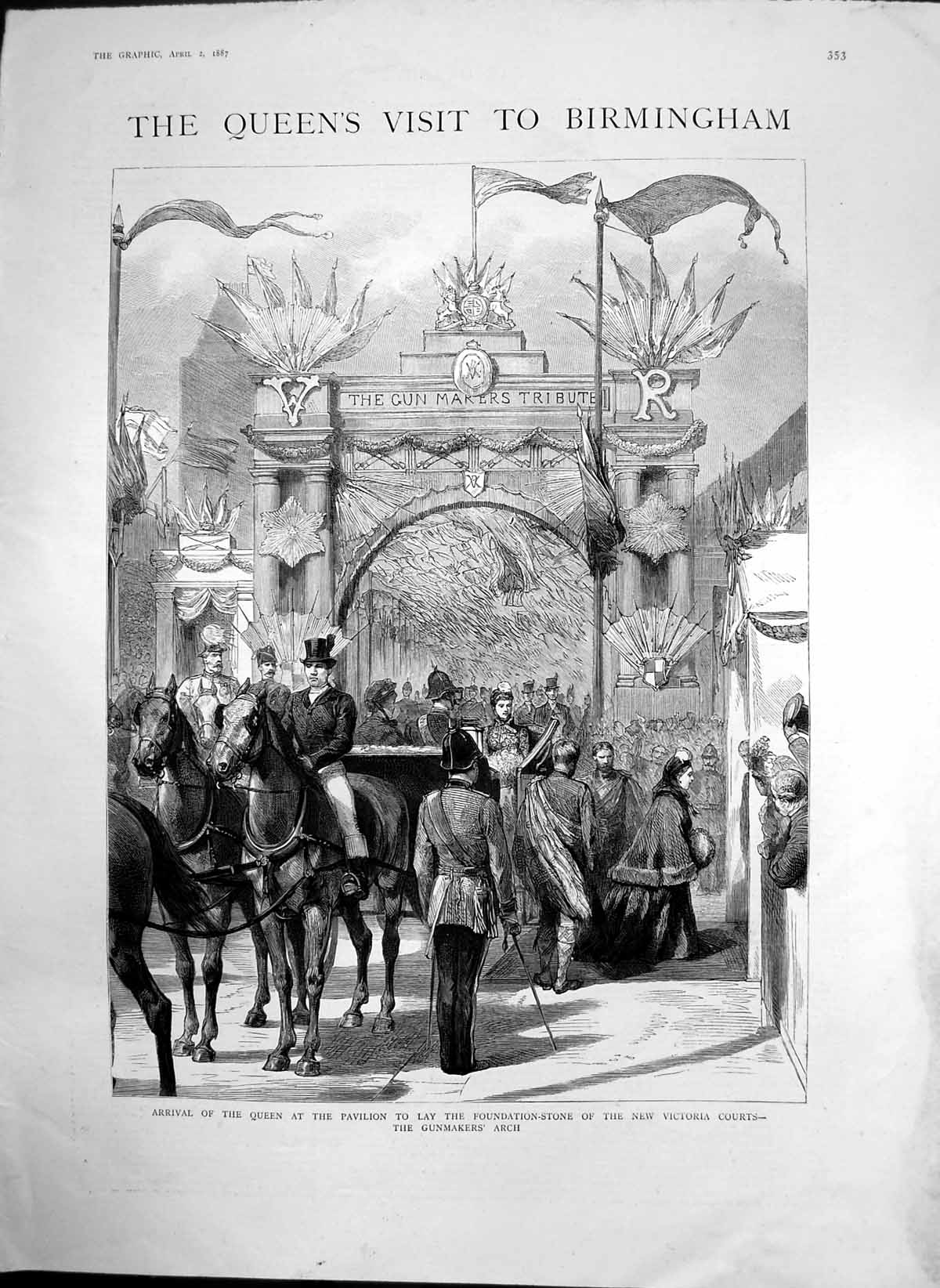 Antique Print Queen Visit Birmingham Foundation Stone Victoria Courts 1887 19th