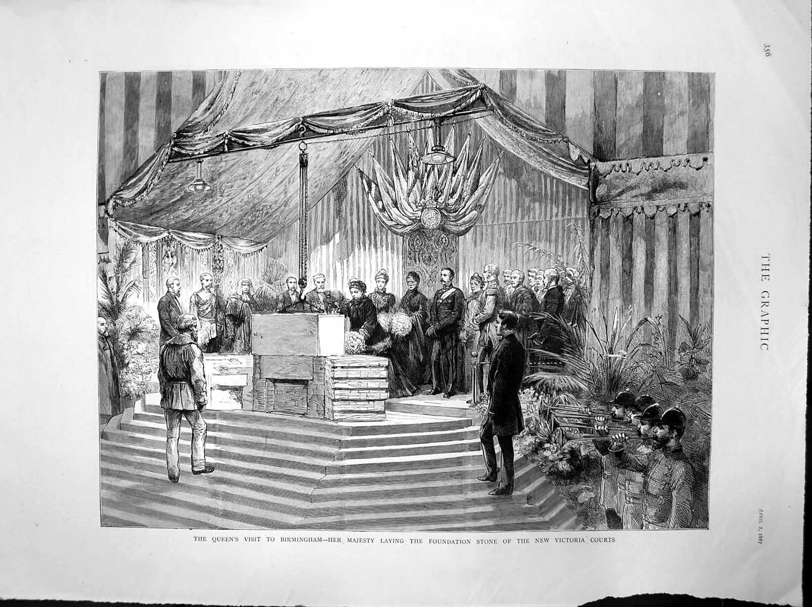 Antique Old Print Queen Foundation Stone New Victoria Courts Birmingham 1887