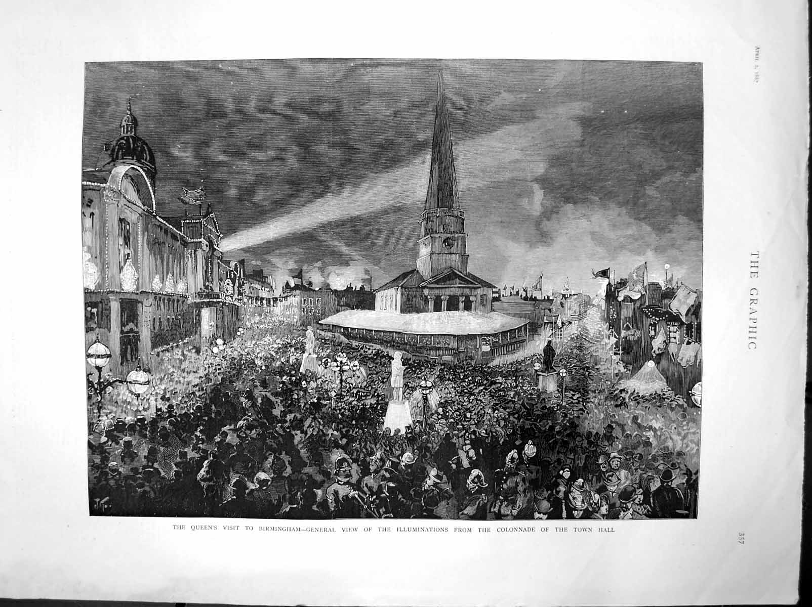 Old Antique Print Queen Birmingham Illuminations Colonnade Town Hall 1887 19th