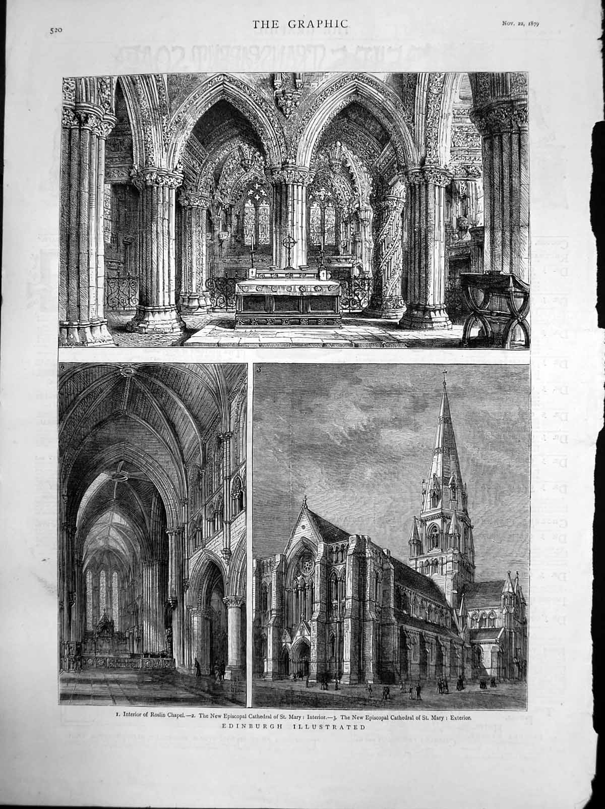 Antique Print Edinburgh New Episcopal Cathedral St Mary Roslin Chapel 1879 19th