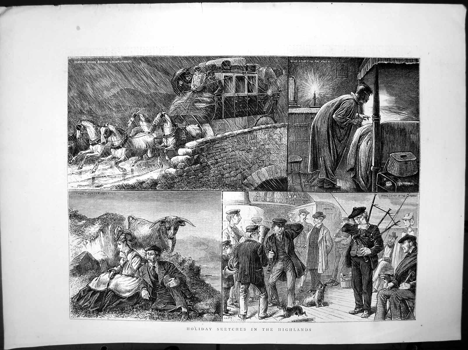 Antique Print Holiday Sketches Highlands Glencoe Bagpipes Highland Cow 1872