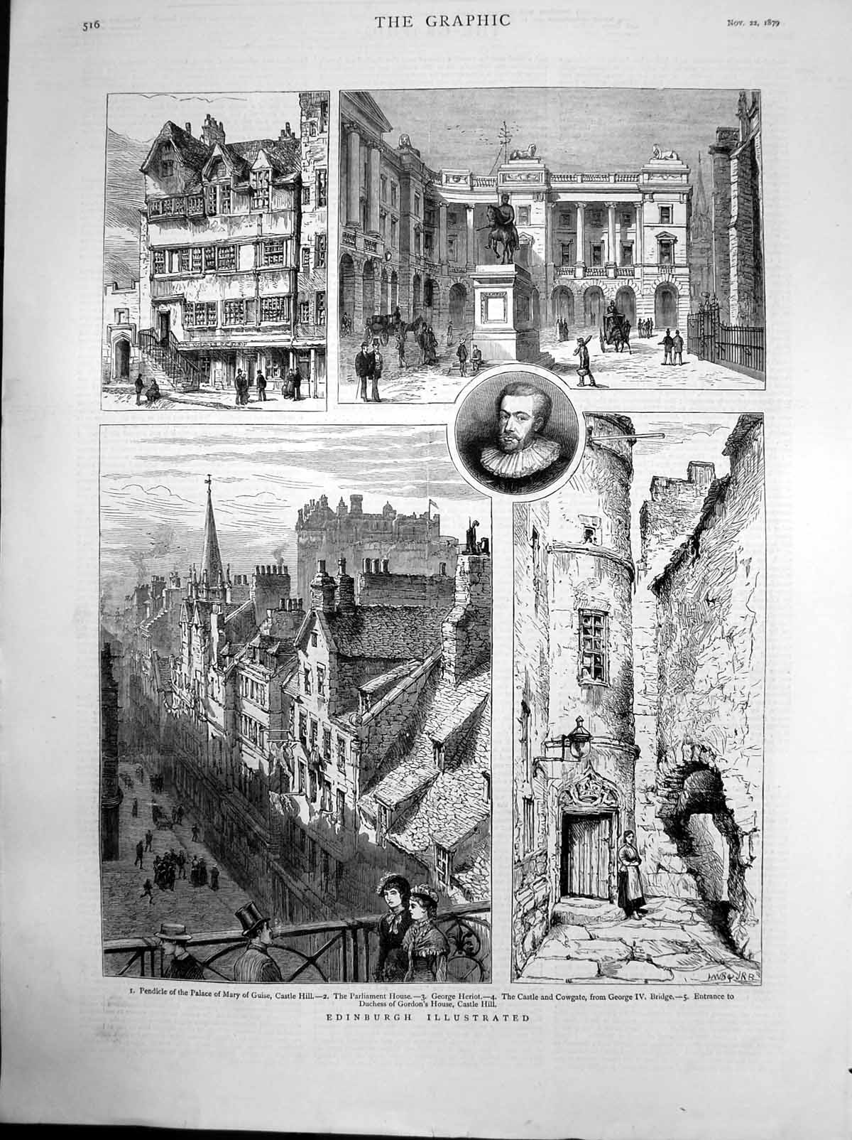 Antique Old Print Edinburgh Parliament House George Heriot Castle Cowgate1879