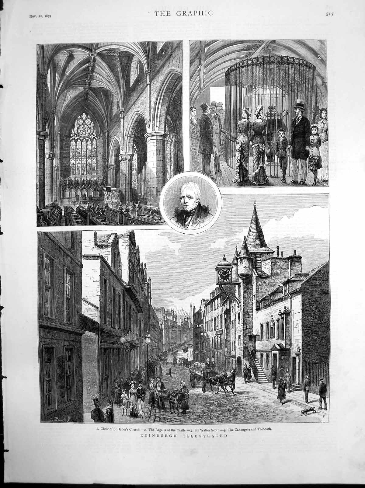 Antique Old Print Edinburgh Regalia Castle Sir Walter Scott Canongate 1879 19th
