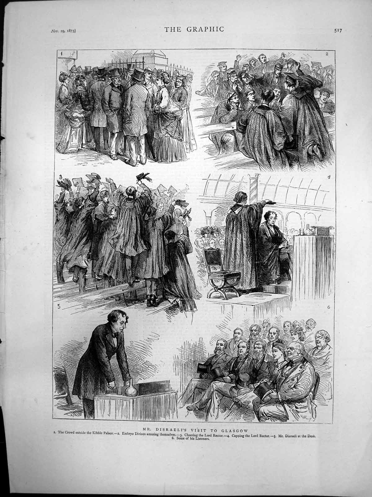 Antique Old Print Mr Disraelis Visit Glasgow Kibble Palace Lord Rector 1873