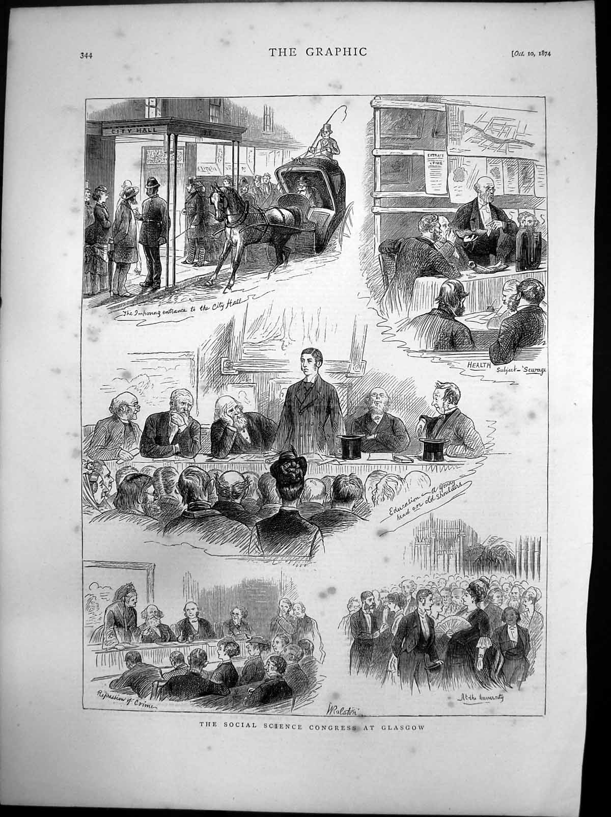 Antique Print Social Science Congress Glasgow Repression Crime Health 1874 19th