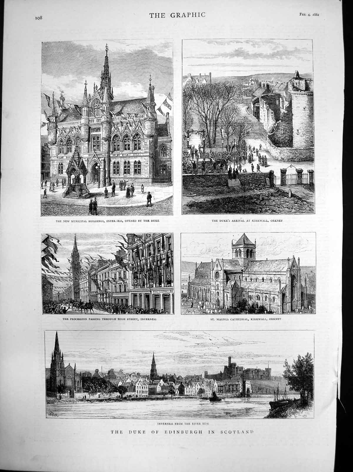 Antique Old Print Duke Edinburgh Scotland Hihj Street Inverness Kirkwall 1882