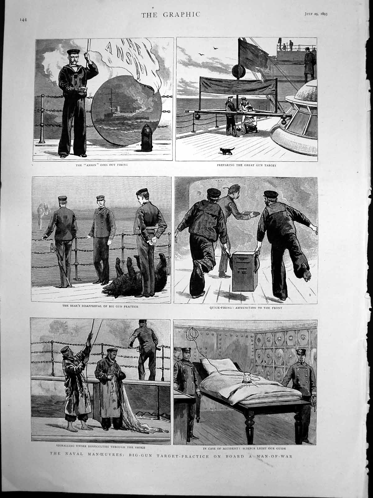 Antique Print Naval Manoeuvres Big Gun Target Practice On Board Manwar1893 19th