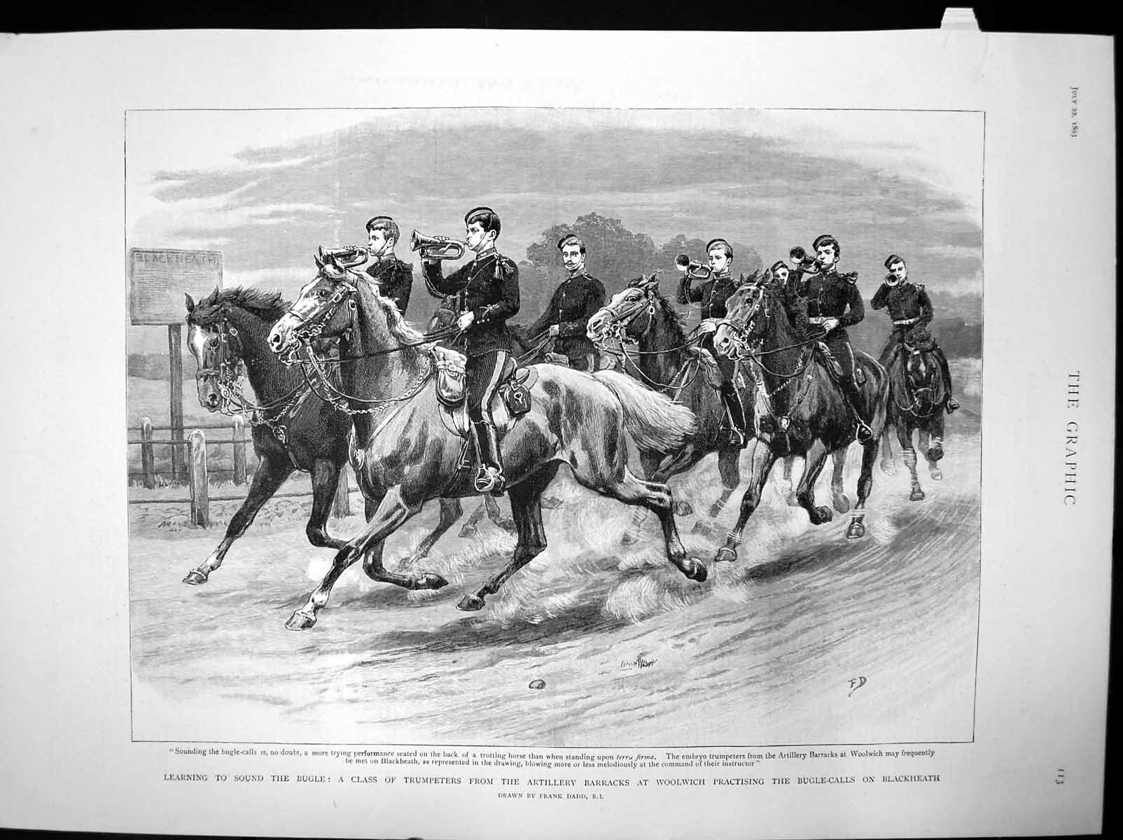 Old Antique Print Learning Sound Bugle Trumpeters Artillery Woolwich 1893 19th