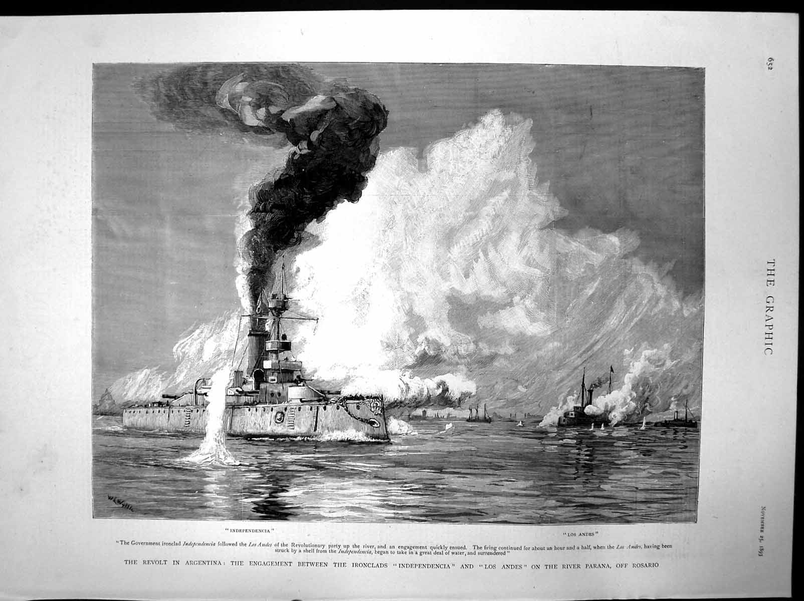 Antique Print Revolt Argentina Engagement Ships Independencia Los Andes1893