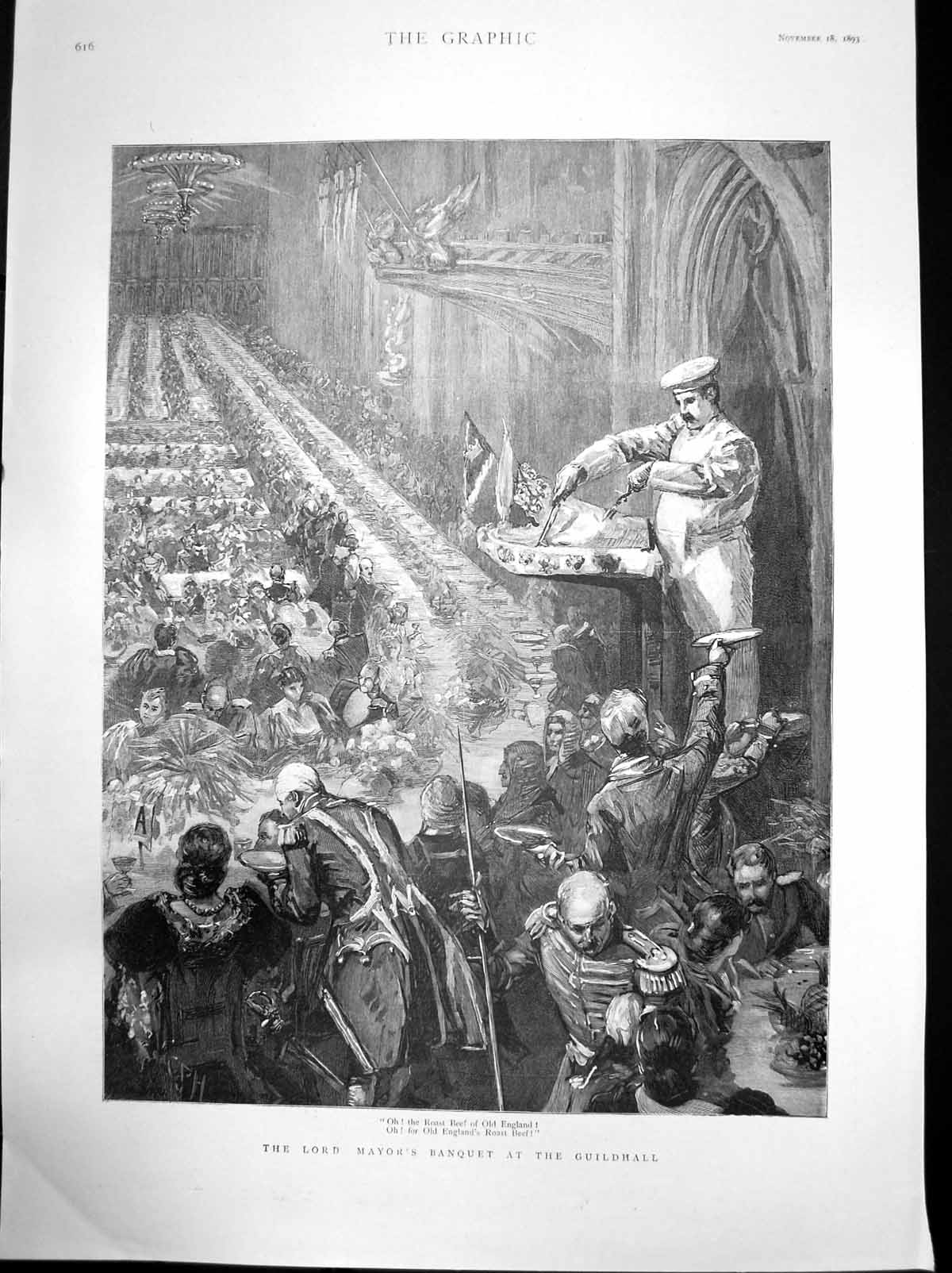 Antique Old Print Lord Mayors Banquet Guildhall Chef Carving Roast Beef 1893