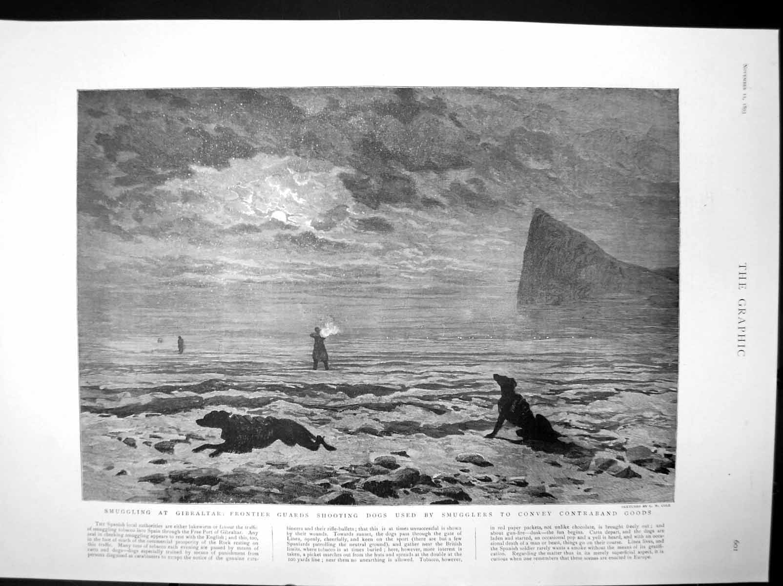 Old Antique Print Smuggling Gibraltar Guards Shooting Smugglers Dogs 1893 19th