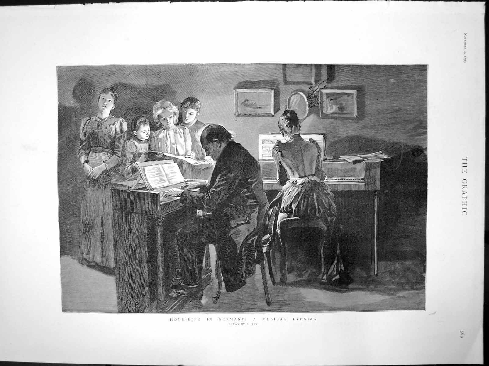 Antique Old Print Home-Life Germany Musical Evening Piano Organ Singing 1893
