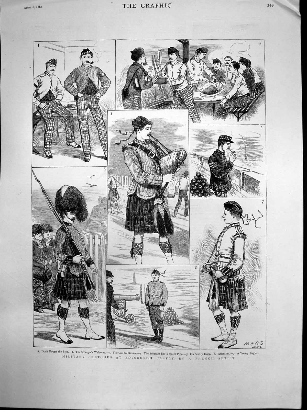 Antique Print Military Sketches Edinburgh Castle Kilts Tartan Trousers 1882