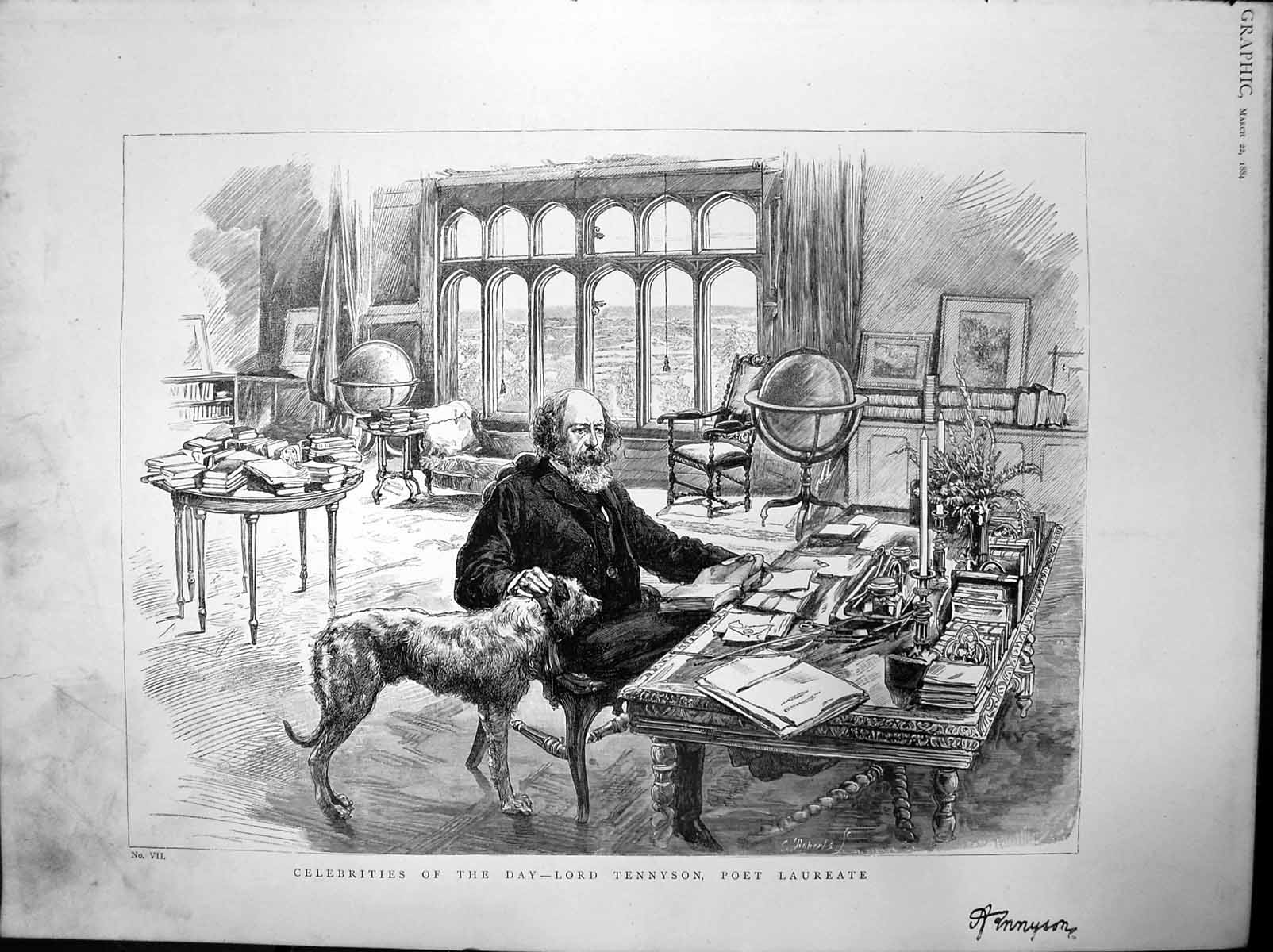 Antique Old Print Celebrities Day Lord Tennyson Poet Laureate Desk Dog 1884