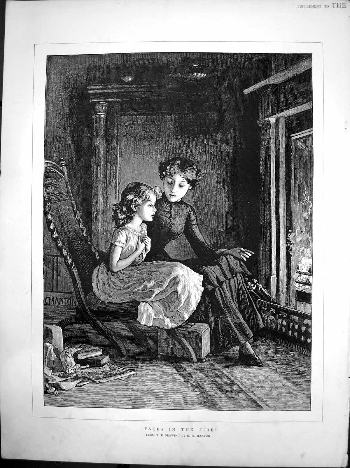 Old Print Faces In Fire Woman Child Sitting Fireside Looking Flames C1884 19th