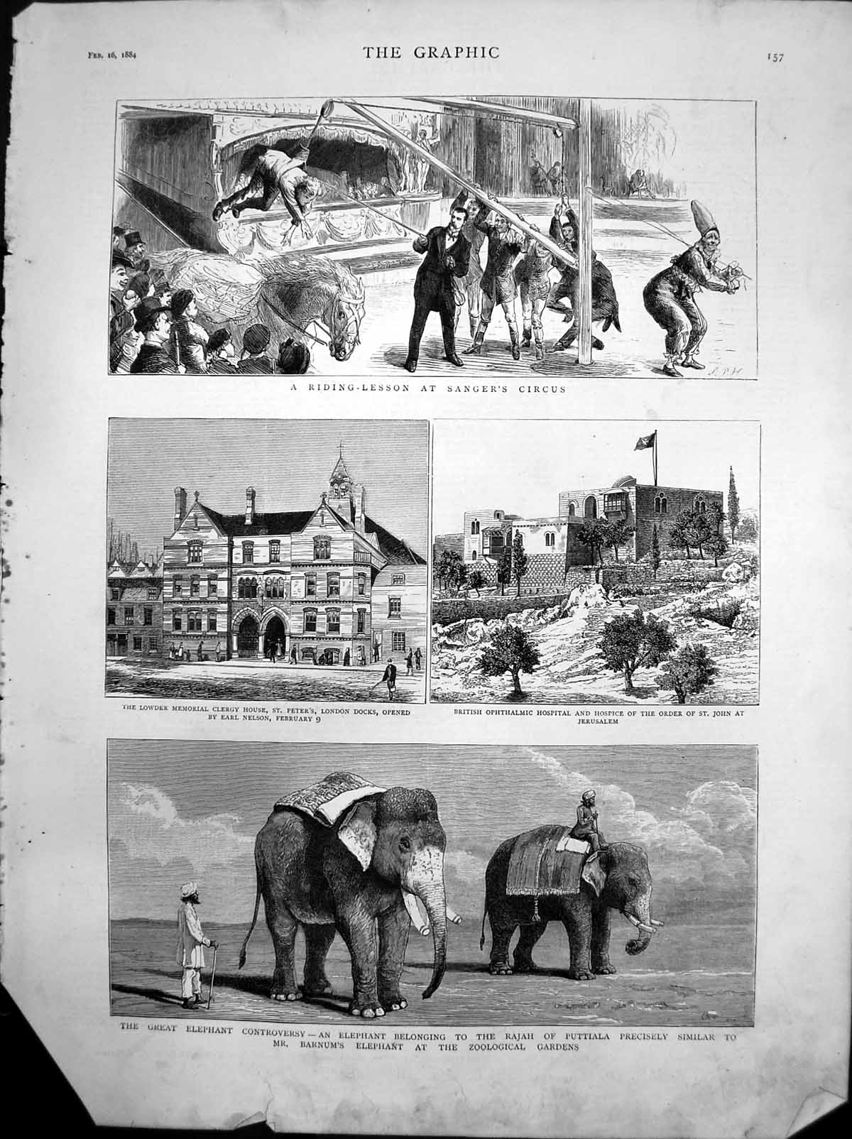 Antique Old Print British Opthalmic Hospital Jerusalem Sangers Circus 1884 19th