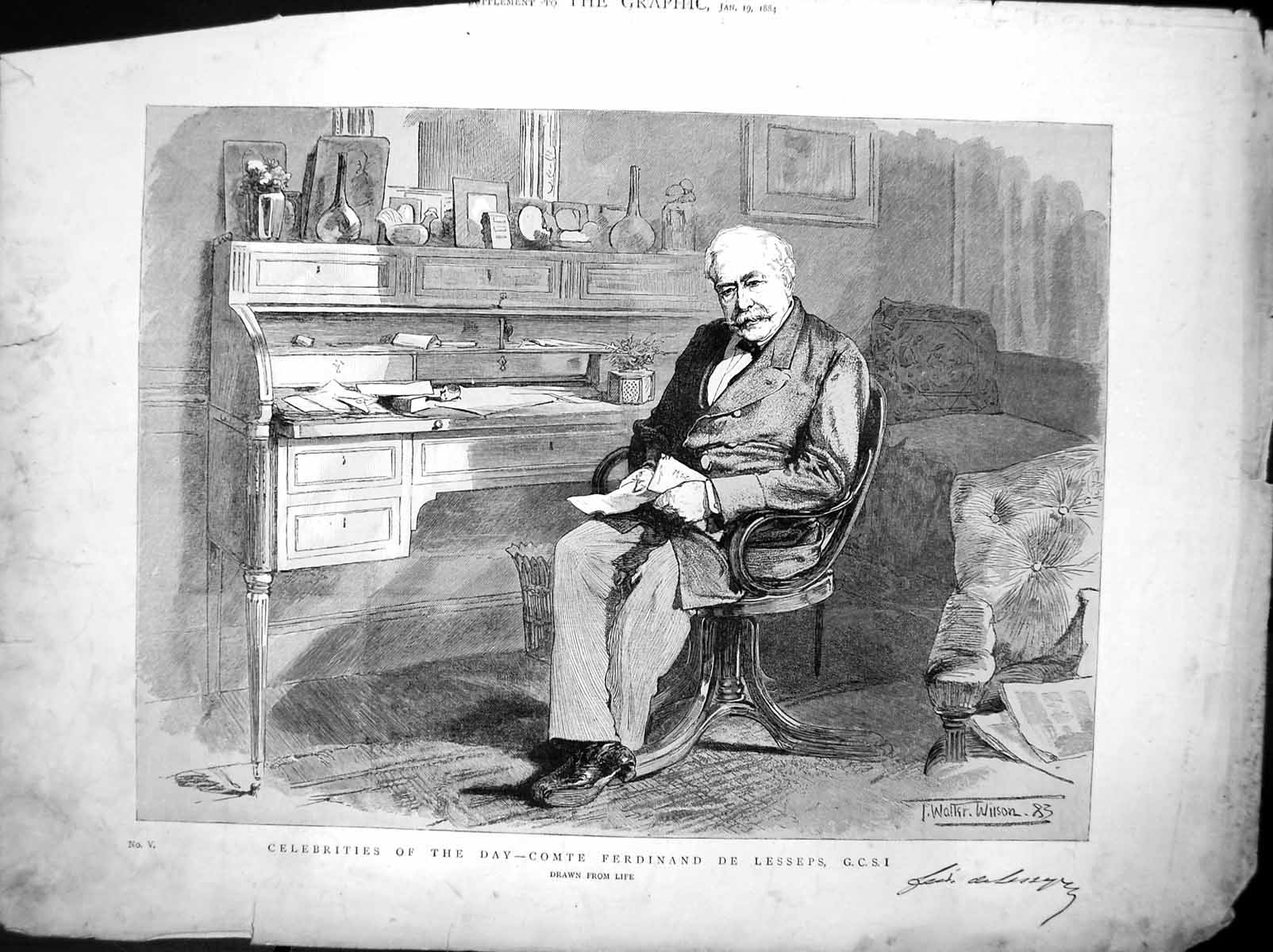 Old Antique Print Celebrities Day Comte Ferdinand De Lesseps G C S I 1884 19th