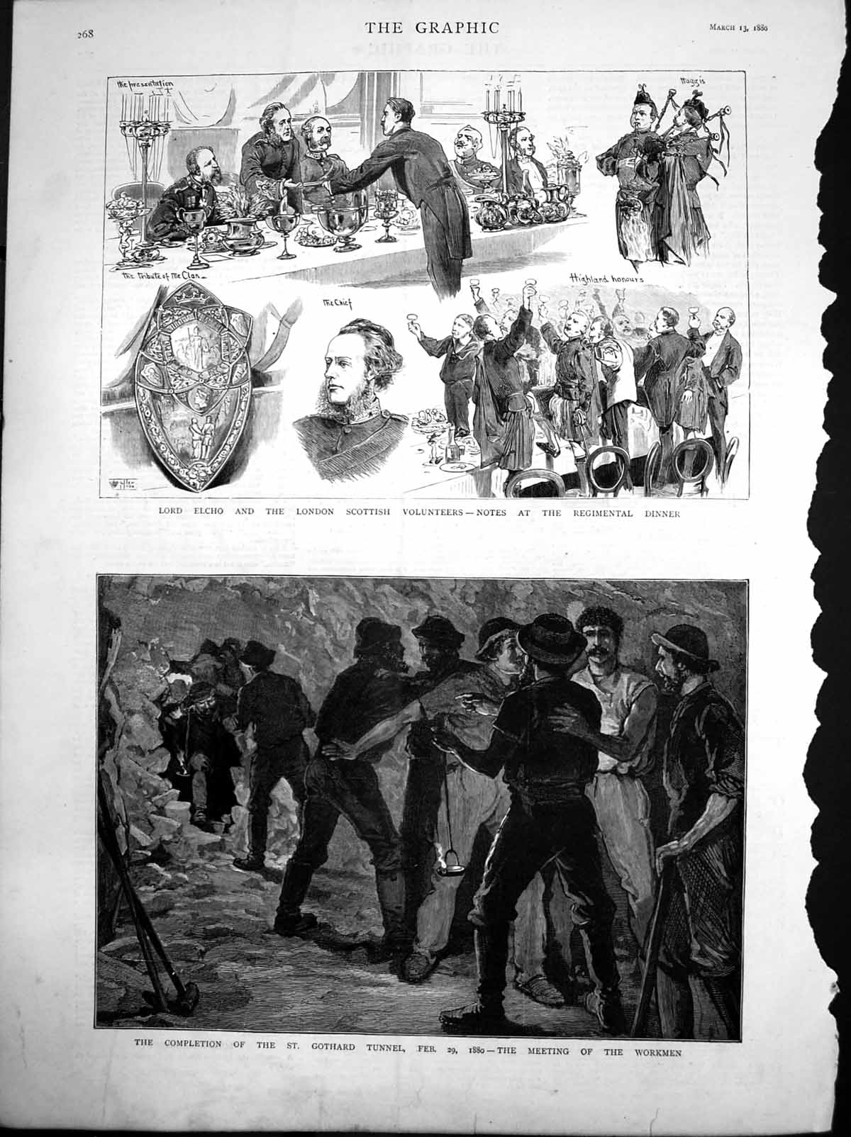 Antique Old Print St Gothard Tunnel Workmen Regimental Dinner Lord Elcho 1880