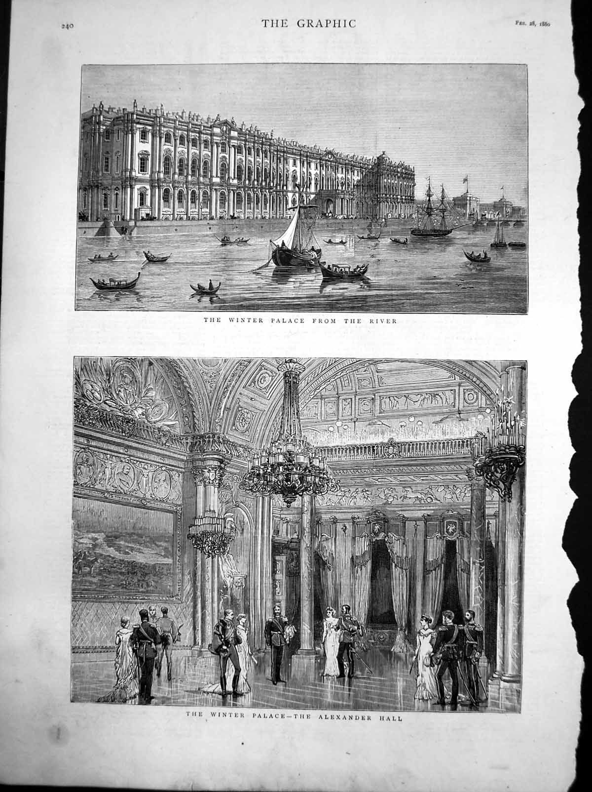 Old Antique Print Winter Palace From River Alexander Hall Visitors 1880 19th