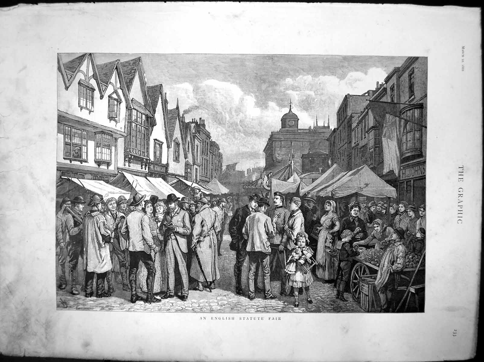 Antique Old Print English Statute Fair Street Town Cobbles Stalls Buyers 1888