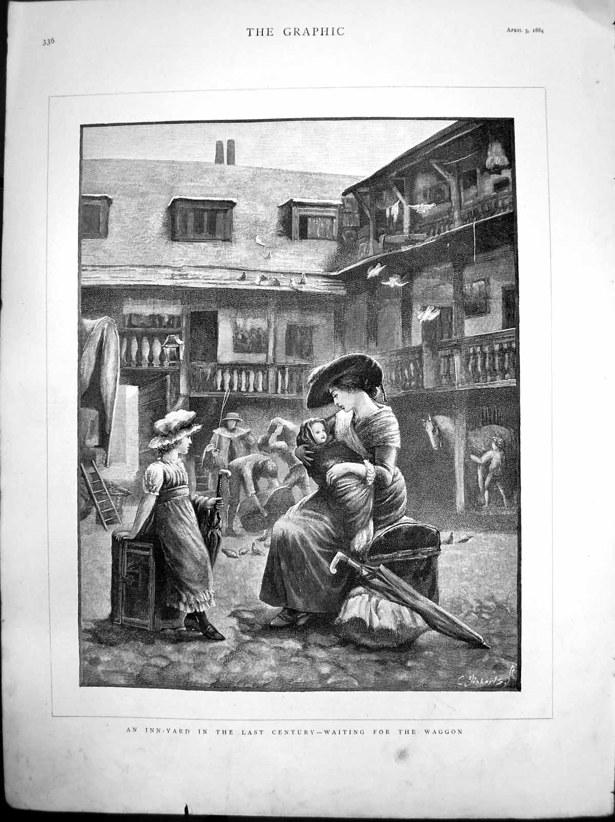 Old Print Inn Yard Last Century Waiting For Waggon Woman Baby Child 1884 19th