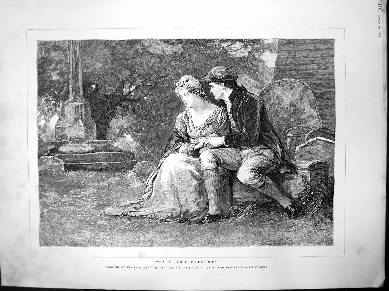 Antique Print Past Present T Blake Wirgman Lady Gent Seated Graveyard 1884 19th