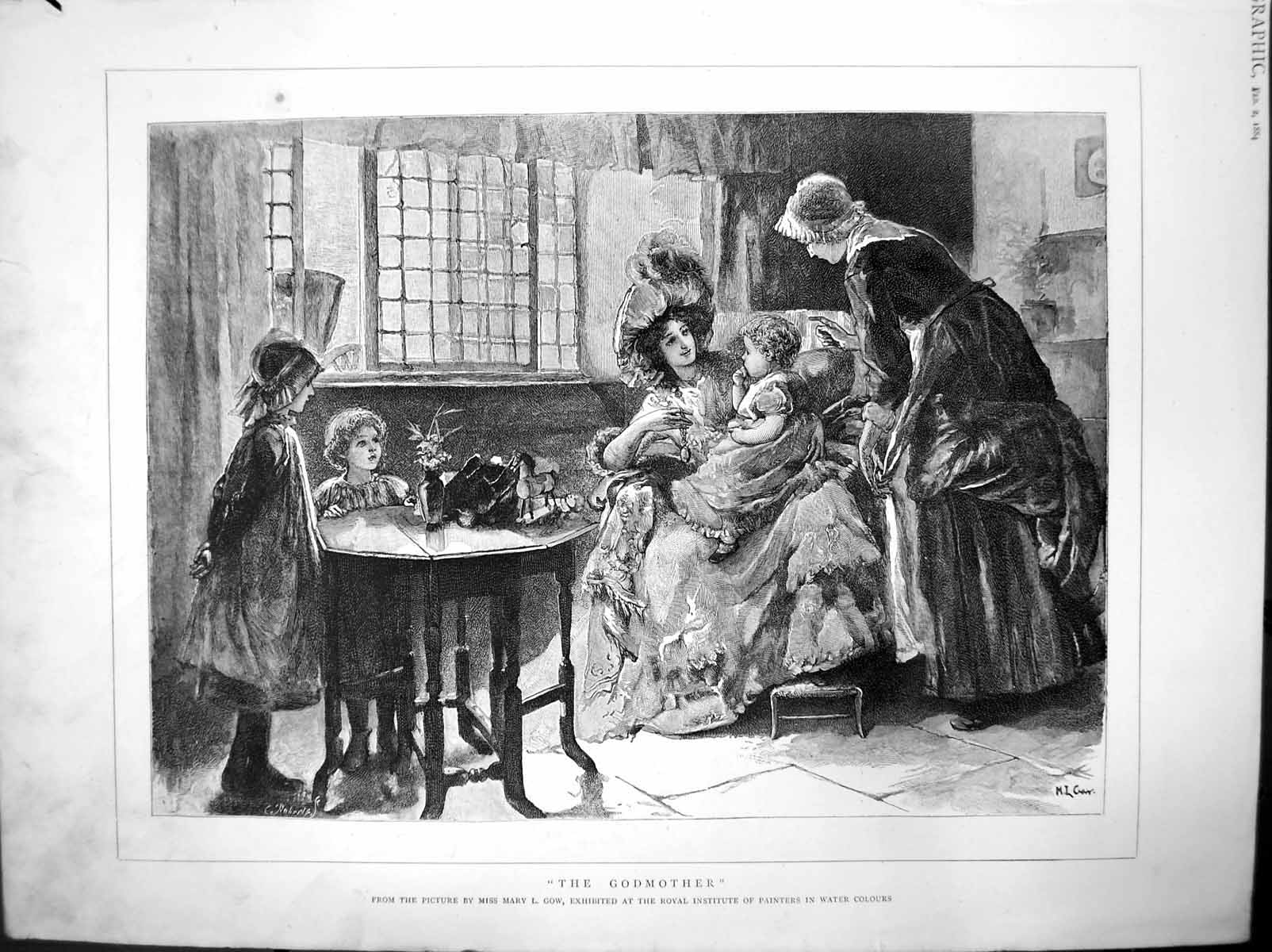 Old Antique Print Godmother Miss Mary L Gow Lady Necklace Hing Child 1884 19th