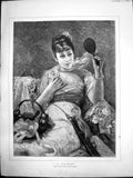 Original Old Antique Print Coquette Leon Herbo Lady Mirror Basket Ribbons 1884