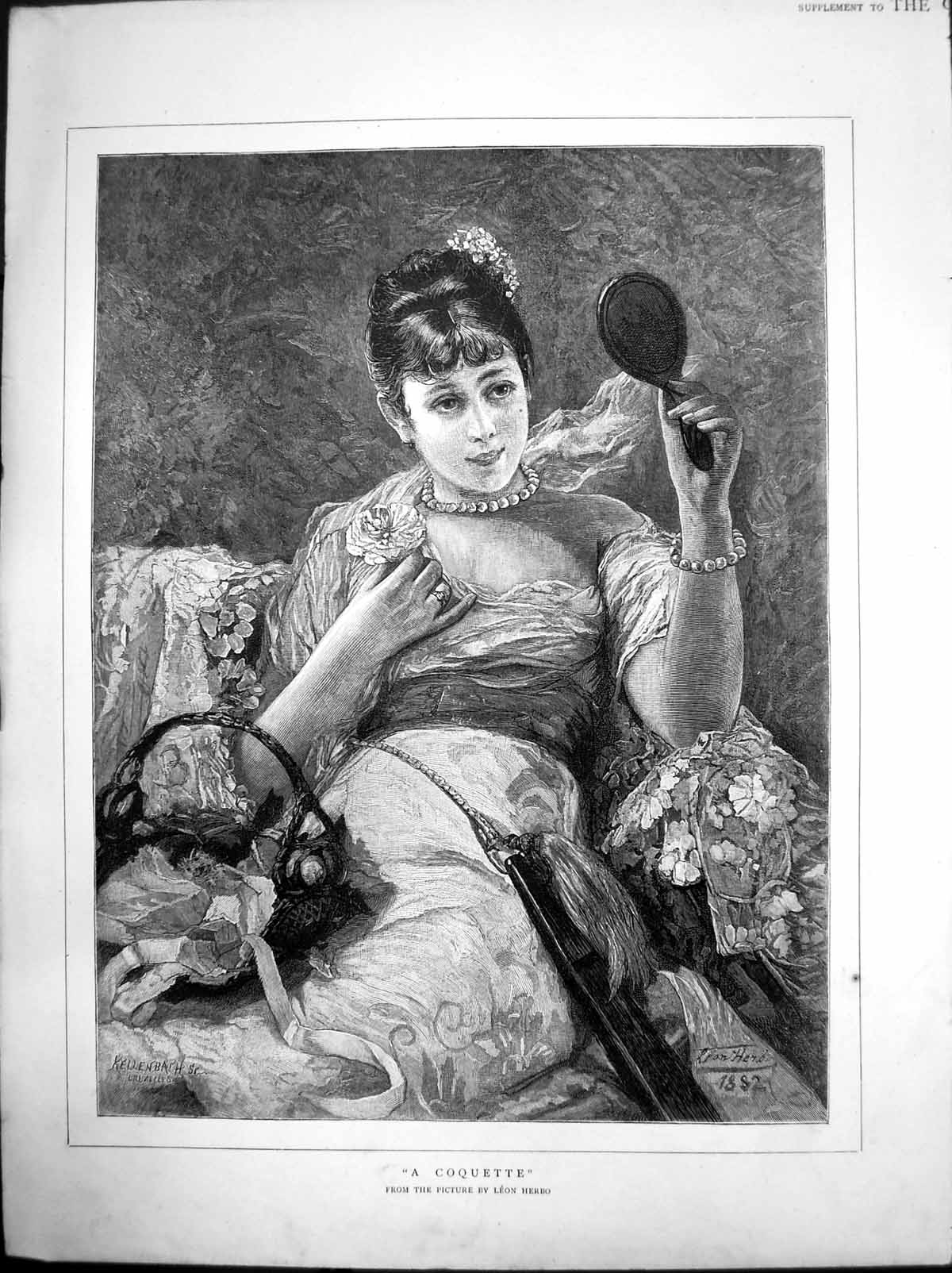 Original Old Antique Print Coquette Leon Herbo Lady Mirror Basket Ribbons 1884