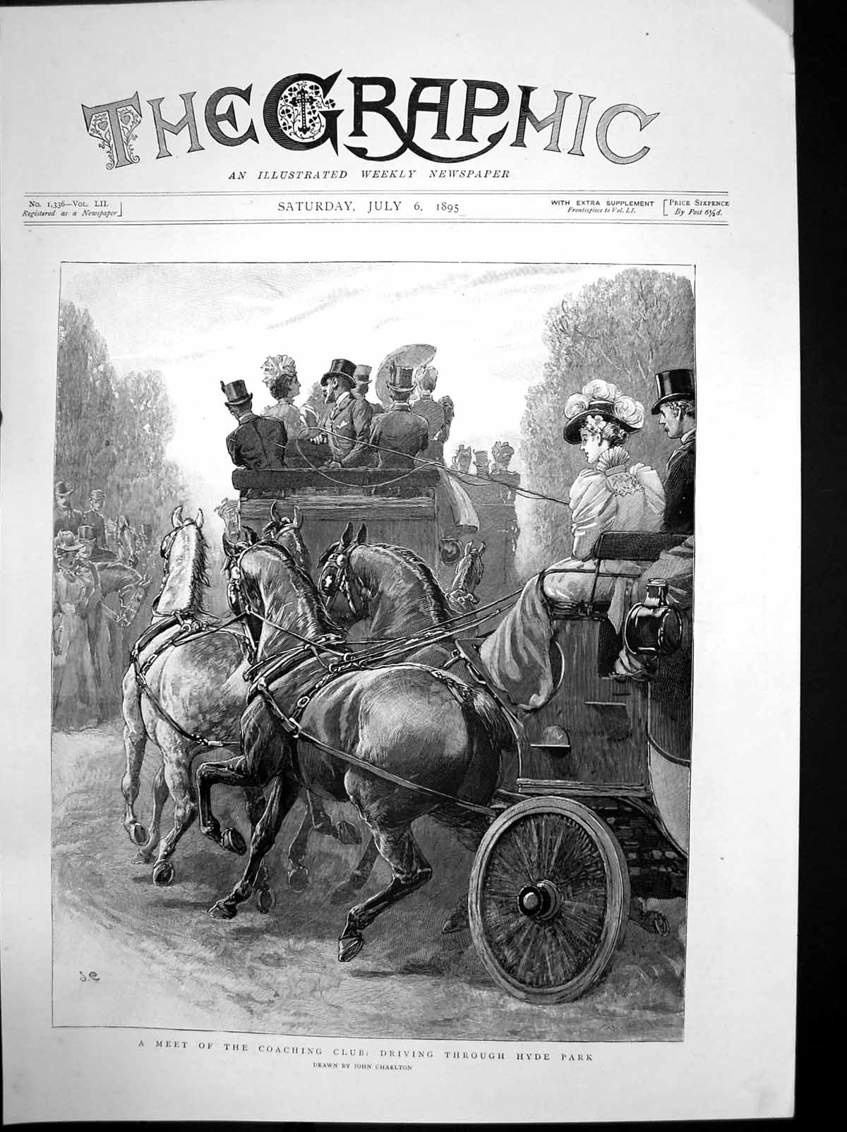 Original Old Antique Print Meet Coaching Club Driving Through Hyde Park 1895